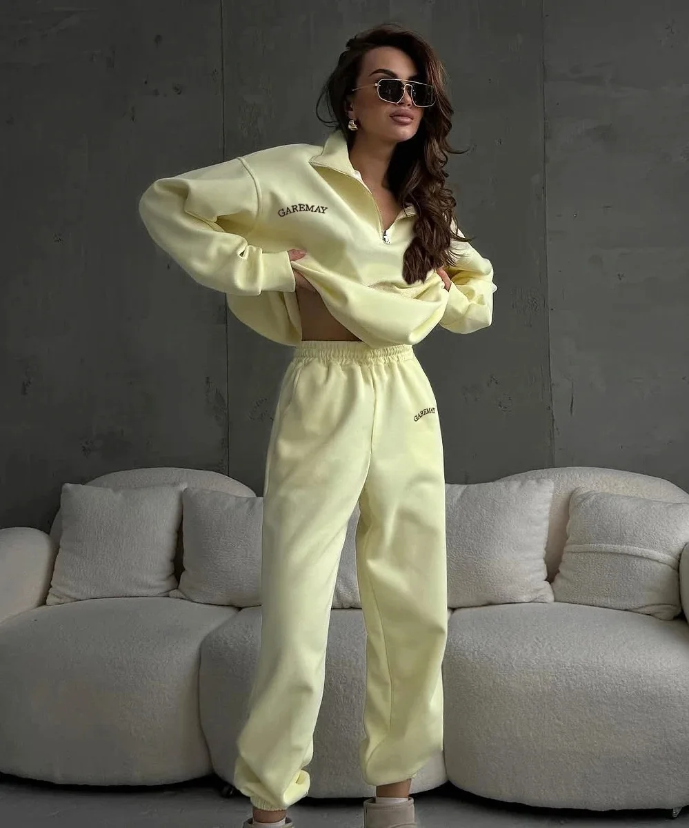 FSMG Casual Cotton Tracksuit with Zipper Women's Oversize Long Sleeve Lapel Sweatshirt Elastic Waist Pant 2 Piece Set Sports Set 5