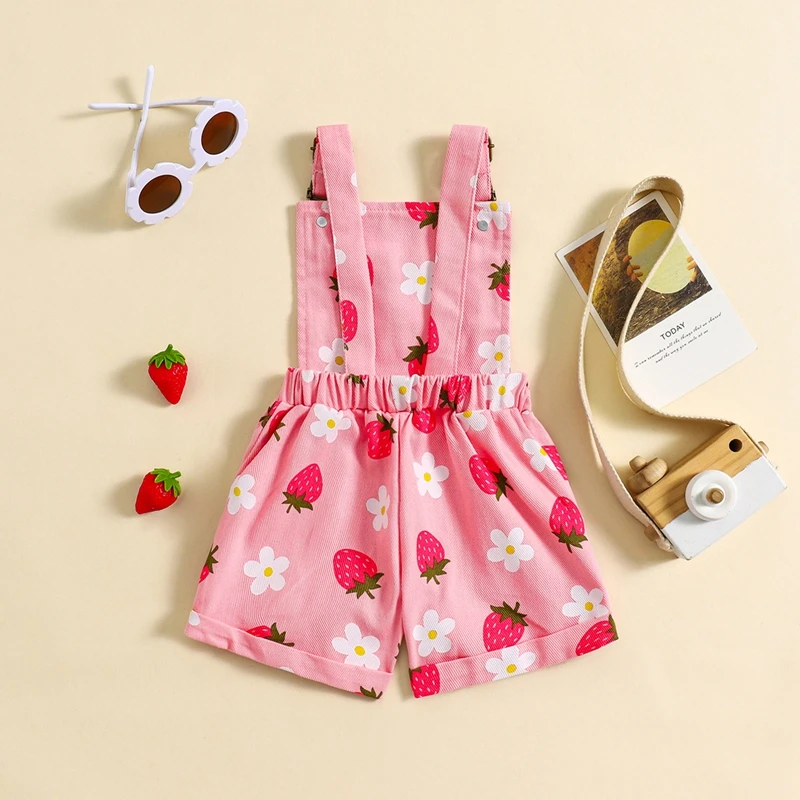 Children Overalls Pants Kids Outfits 0-6Y Little Girls Denim Overalls Shorts Sleeveless Flower/Strawberry Print Strap Jeans Suspender Outfit