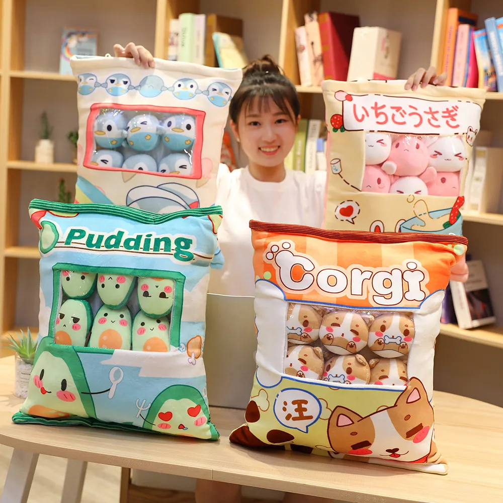 

8pcs/Bag Kawaii Puddings Snack Hug Plush Pillow Toy Cute Mini Penguin Cat Avocado Plushies Dolls Soft Kids Toys for Girls Gifts