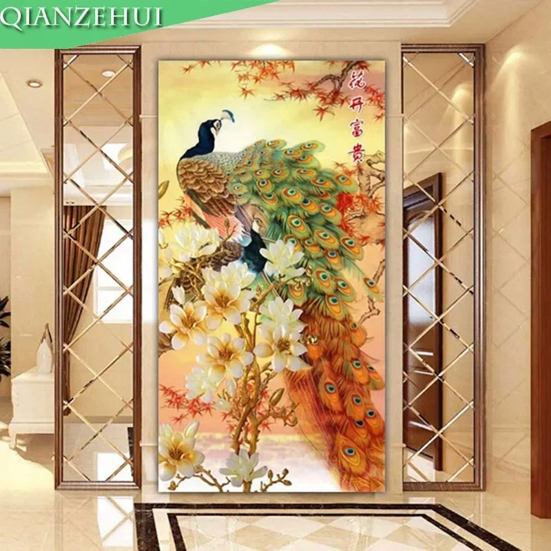 QIANZEHUI Needlework DIY blooming flower peacock Cross stitch The vertical version of magnolia silk series Wall Home Decro cross stitch kit