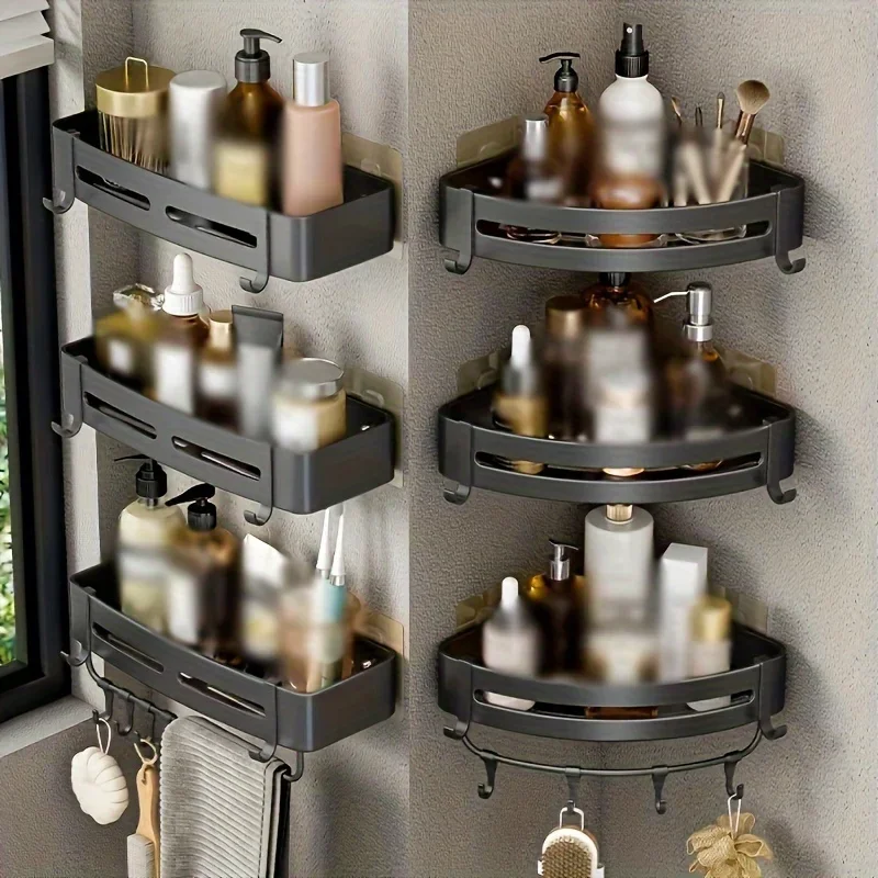 Bathroom corner shelf storage rack Space Aluminum Non Perforated Bathroom Wall Hanging Corner Storage Rack Triangular Basket