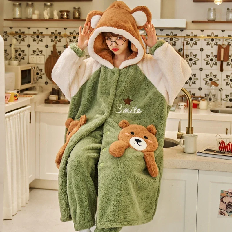 

Winter Thicken Women Night-robe Pajamas Hooded Soft Warm Nightgown Sleepwear Kawaii Bear Pijama Mujer Plush Female Loungewear