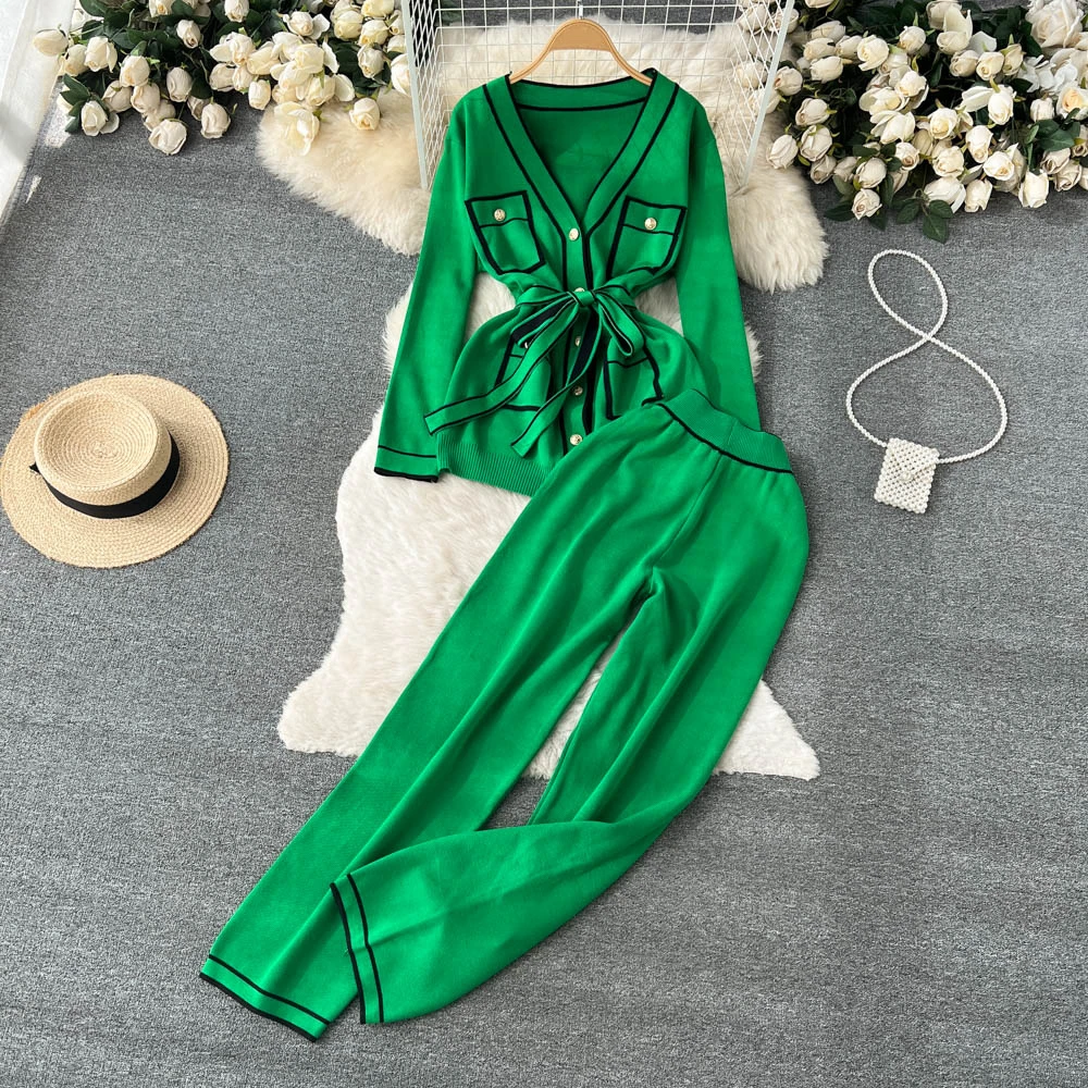 

Clothland Women Elegant Knitting Cardigan Pants Suit Long Sleeve Pockets Belt Sweater Long Trousers Chic Two Piece Set TZ869