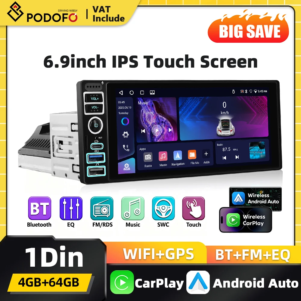 Radio para coche Podofo 4+64G Android 1DIN con Carplay, pantalla HD de 6.9 pulgadas, navegación GPS, Bluetooth, reproductor USB, WIFI, Mirror Link, EQ, FM, RDS. 1