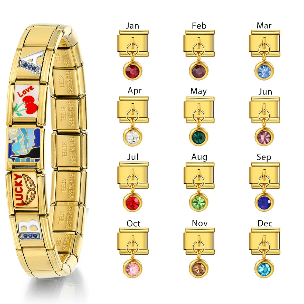 Großhandel Elastic Charm Link Fit 9mm Gold Farbe Anhänger Geburtstag Stein Schmuck Machen DIY Edelstahl Armband Zubehör – Detail 1