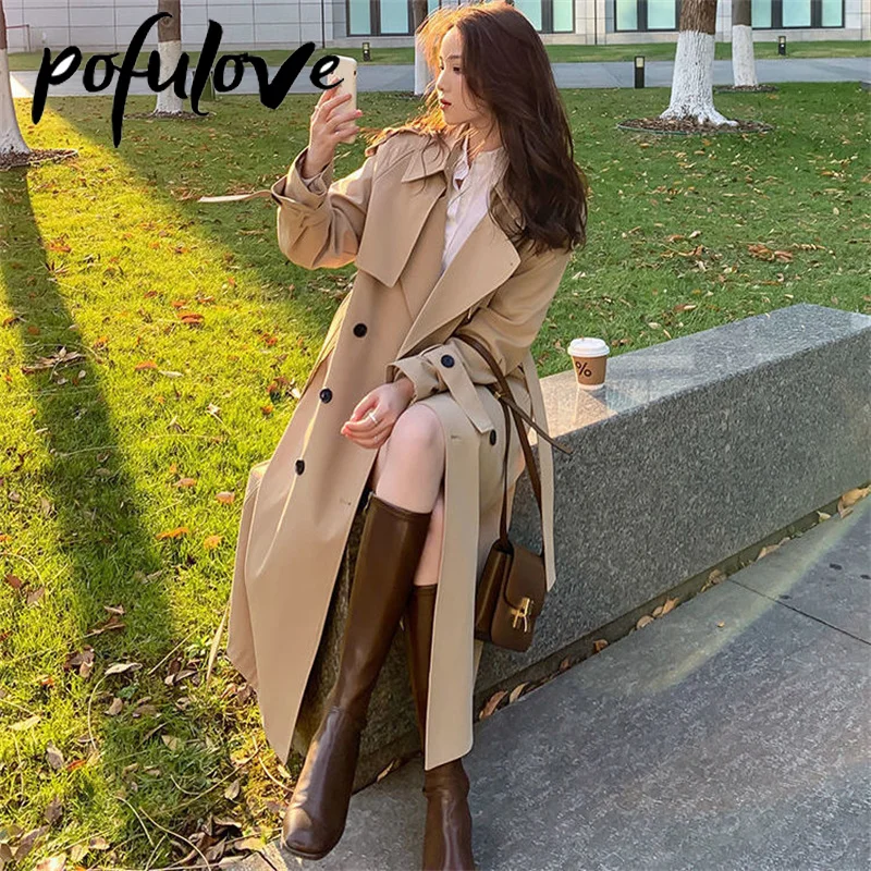 

Loose Trench Coat Midi Length Fashion Korean Elegant Khaki Black Women's Windbreaker Coat Casual Streetwear Double Breasted Tops