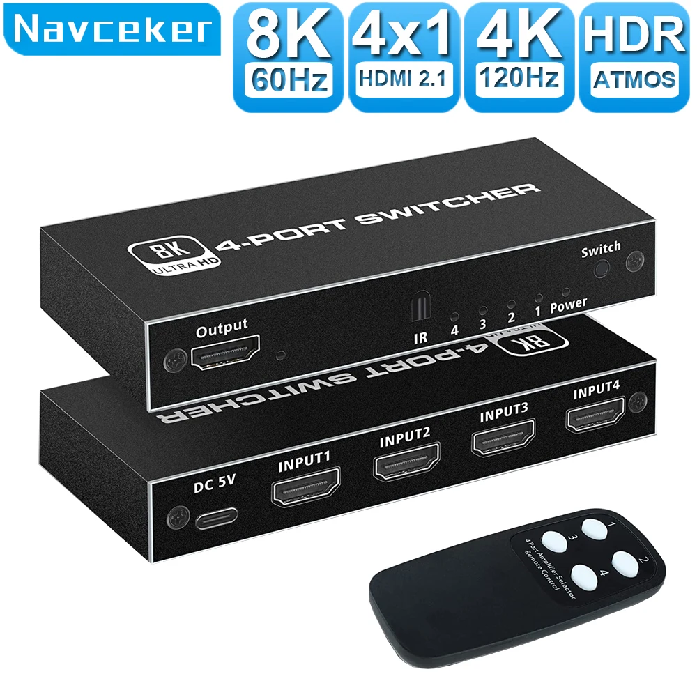 

2024 Switcher HDMI 2.1-compatible 4K 120Hz 4 in 1 out 2 in 1 out 8K 60Hz Switch Splitter adapter IR Remote For PS5 PS4 Projector