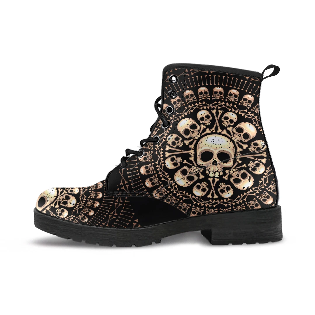 Stylish Skull Design Women's Boots Autumn Winter Unisex PU Leather Boots Lace Up Vulcanized Rubber Sole Boots Print On Demand