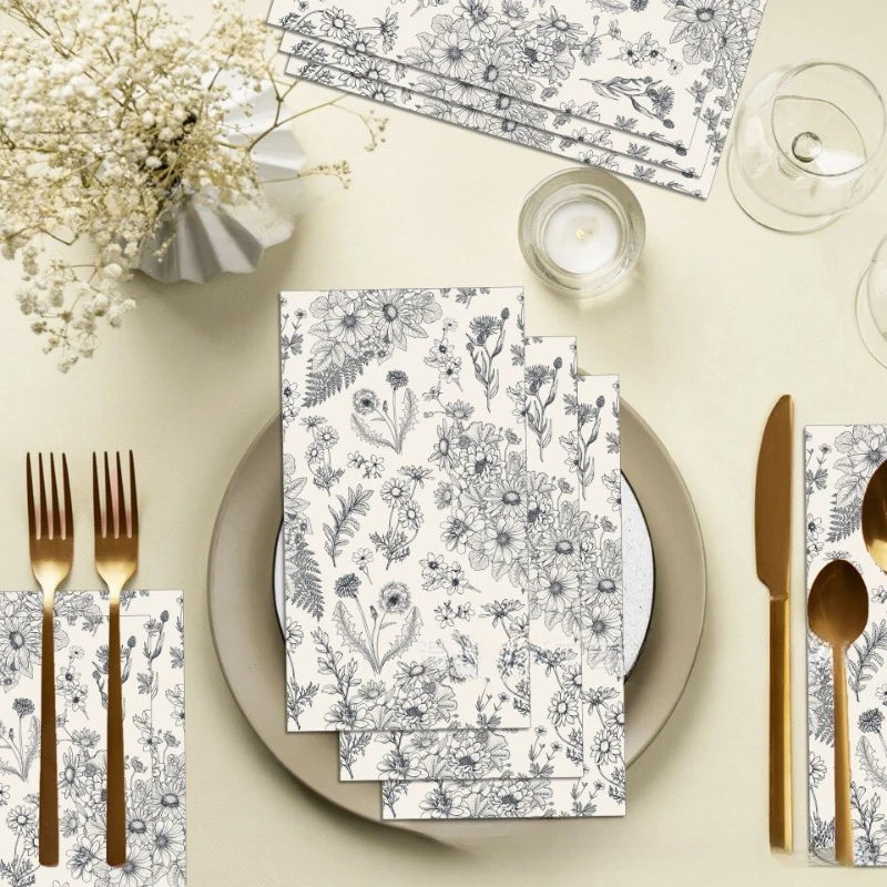 20pcs/Pac 34.2*40.6cm 2-Ply Black and White Sketch Daisy Dandelion Long Paper Napkin Party Holiday Disposable Paper Placemat