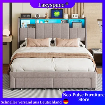 Letto imbottito moderno in lino Lazyspace, testiera con luce a LED + 2 cassetti portaoggetti, struttura letto, mobili per camera da letto di casa 140/160x200 cm 1