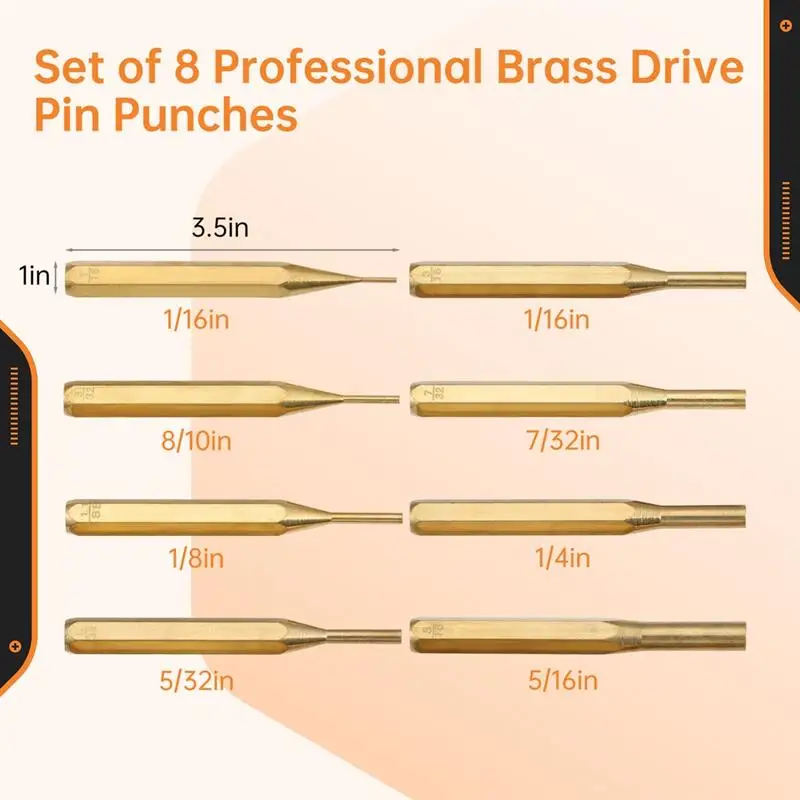 Brass Punch Set 8Pcs Non-Marring Professional Brass Drive Pin Punches Pin Punch Repair Tool Assorted Sizes For Gunsmithing