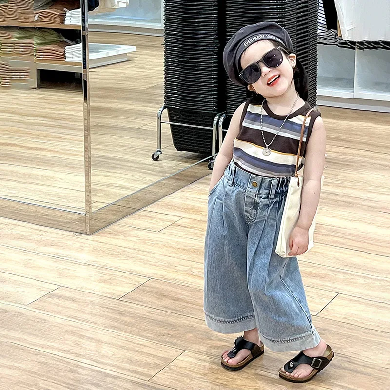 

Children's Clothing 2023 Summer New Girls' Suit Casual Fashion Striped Vest Loose Jeans Set