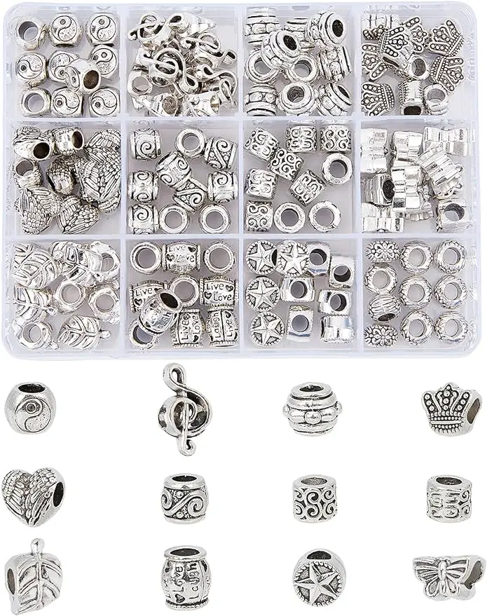 

120Pcs 12Styles Alloy European Beads Antique Tibetan Silver Spacer Beads Charm Large Hole Chains Beads for DIY Jewelry Making