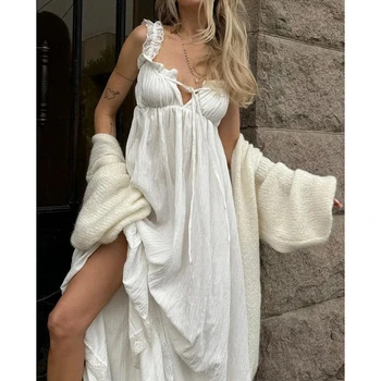 Combhasaki Womens Vintage Floral Lace Trim Tie-up Square Neck Sleeveless Backless Empire Waist Ruffled Hem Swing Long Tank Dress 1