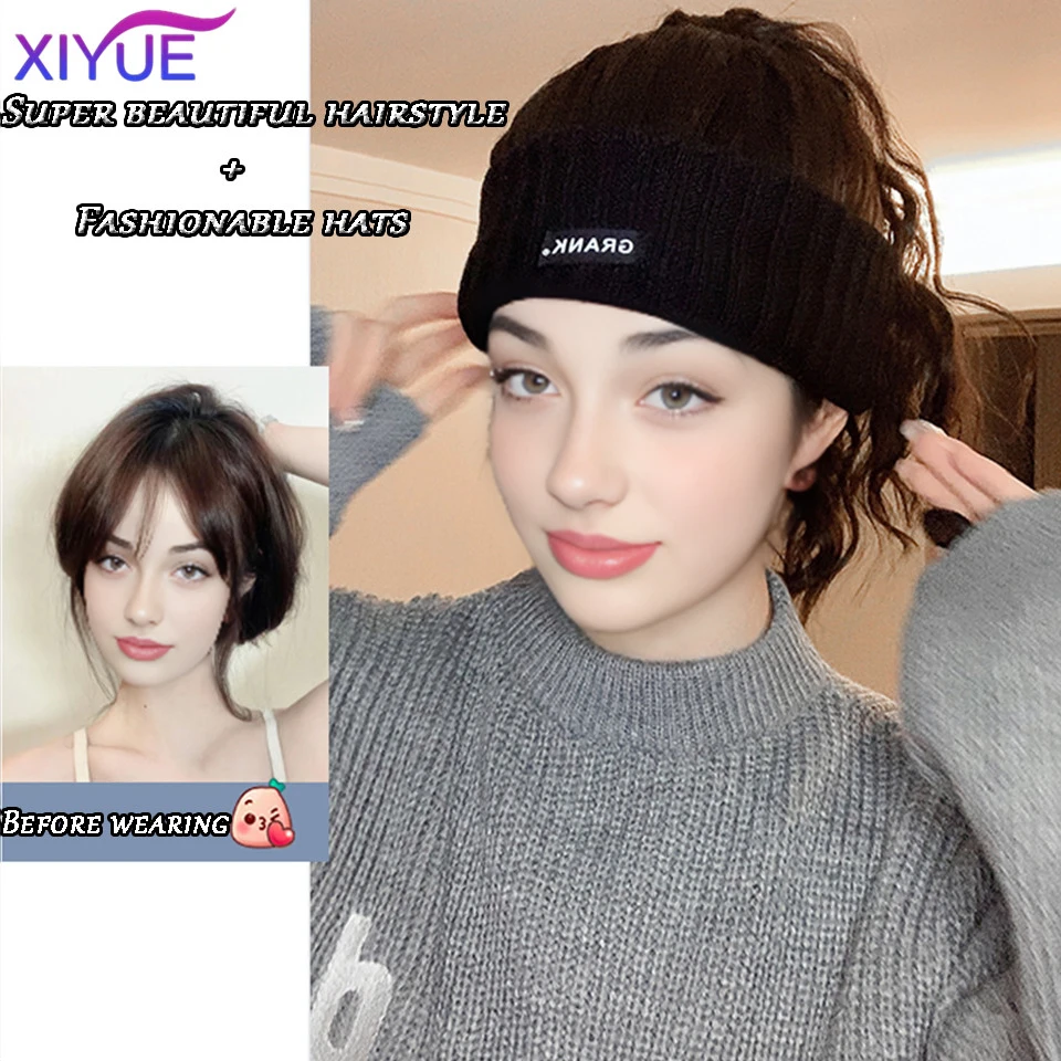 XIYUE Hat and wig integrated for women's autumn and winter warmth sports headbands tie hair curly hair high ponytail wig