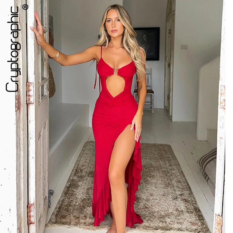 Sexy non-stretch see through ruffle tassel maxi dress(no panty)