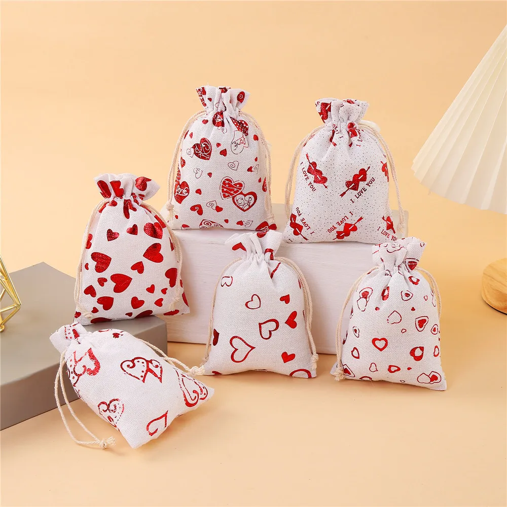 50 Pcs/lot Newest 10*14, 13*18cm Red Heart Cotton Drawstring Bags Valentine's Day Candy Gift Wrapping Bag