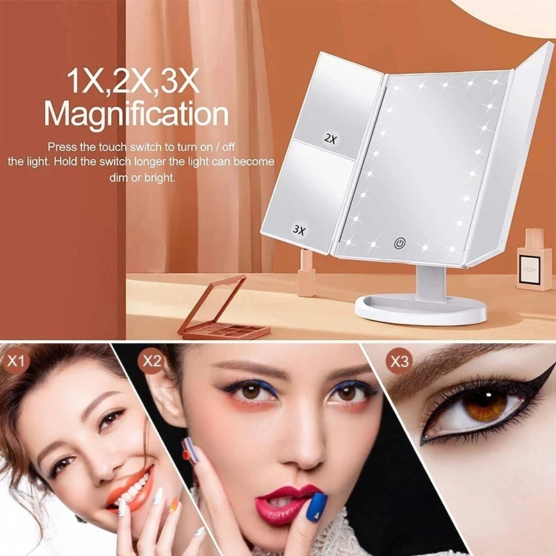 Makeup Mirror 22 LED 1/2/3X Magnifying Folding 180 Rotation Stepless Dimmer With Storage Tray