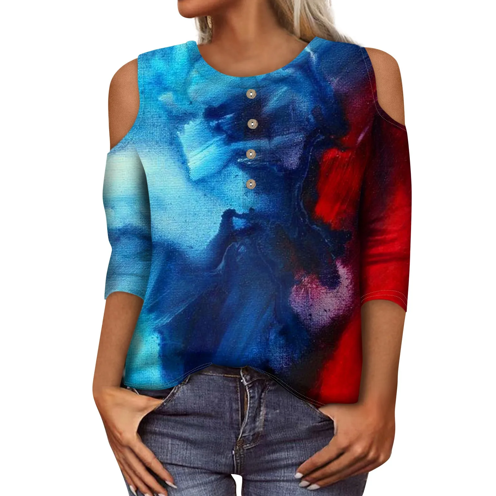 

Aesthetic Clothing Unique Fashion Printed Women Blouses Casual O-Neck Summer 3/4 Sleeves Women Shirts Y2k Bluzki Damskie