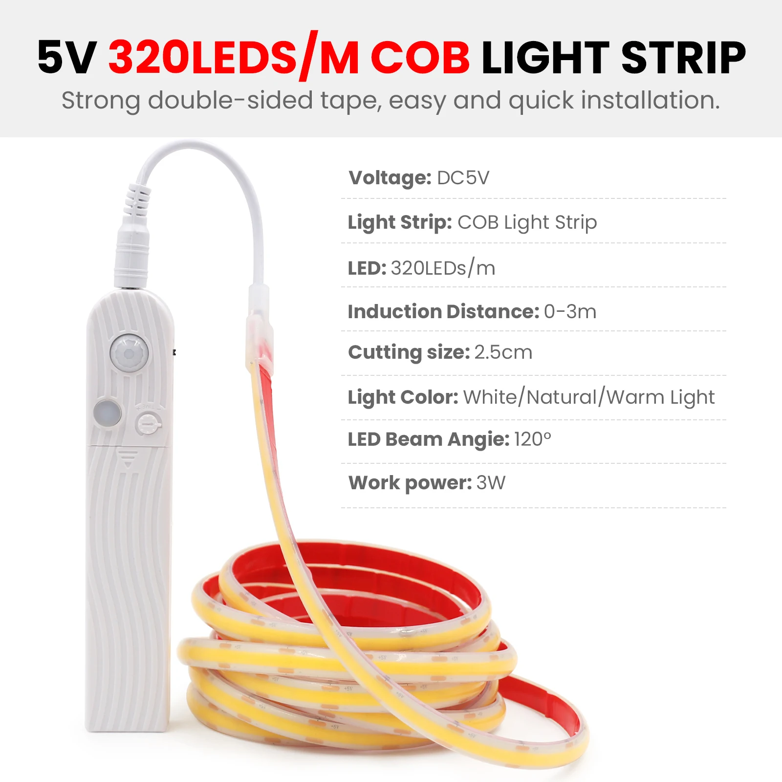 배터리 구동 5V LED COB 라이트 스트립 모션 센서 유연한 다이오드 테이프 320LED/m IP68 방수 선형 조명 백라이트