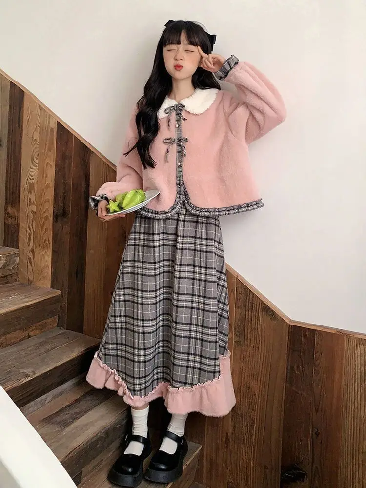 women jackets ethnic aztec print flap pockets button up jacket s Skirts And Jackets Women Vintage Plaid Kawaii Elegant Party Female Bow Korean Dress Autumn Winter Two Piece Set