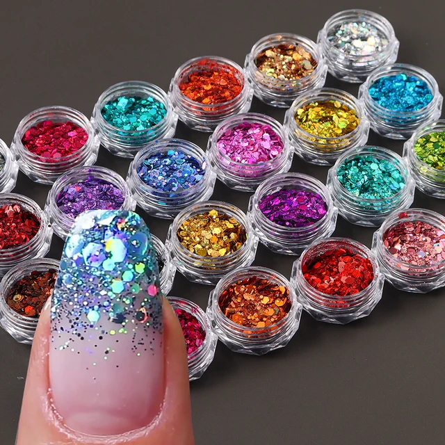 24 Colors Iridescent Nail Art Glitter Sequins Set Holographic Chunky Colorful Sparkly Hexagon Flakes 2024 Summer Nail Sequins