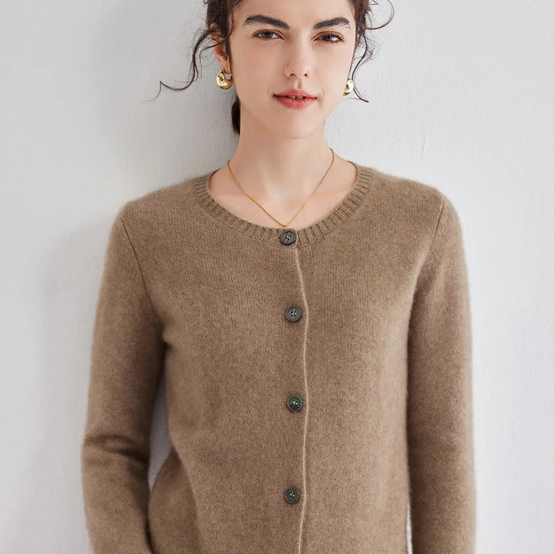 Cashmere cardigan women'sO-neck solid color long-sleeved cashmere coat is slim and versatile knitted sweater. 2