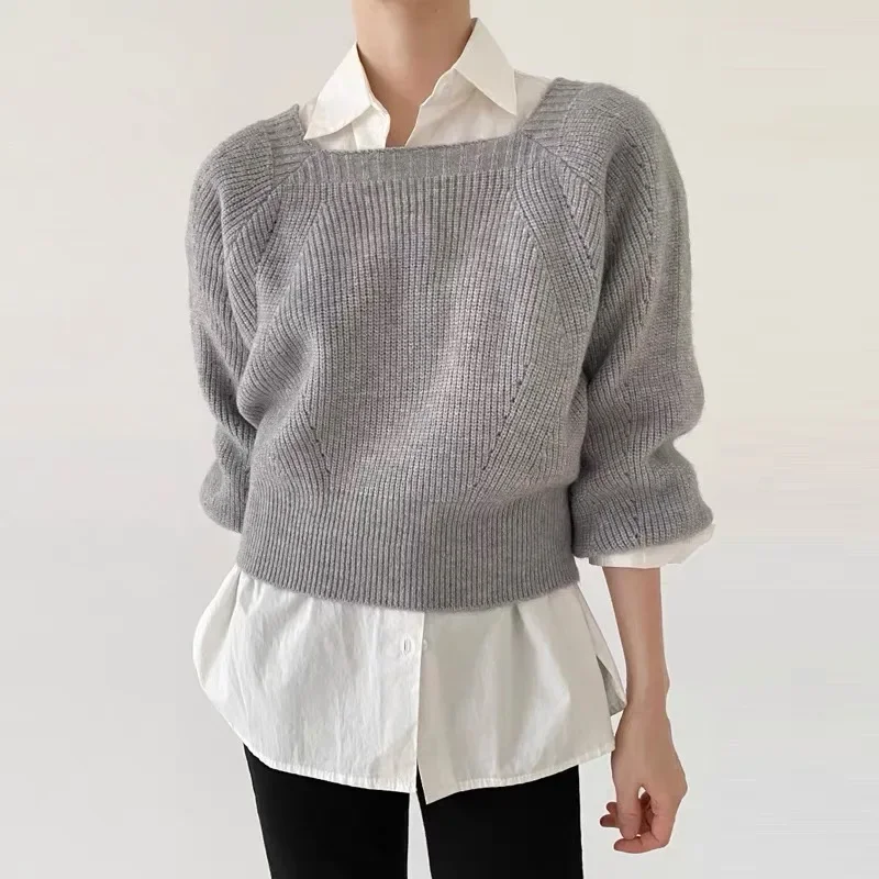 Autumn and Winter New Retro Women's Solid Color Long-sleeved Sweater Fashionable Square Neck Solid Color Loose Short Pullover