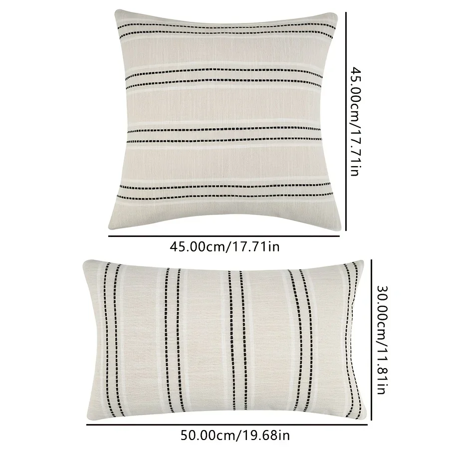 Bohemian Farmhouse Linen Throw Pillow Covers in Beige and White with Stripe Patterns – Elegant Decorative Cushion Cases for Sofa and Living Room Decor