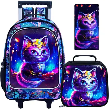 3PCS Rolling Backpack for Girls, Kids Cat Roller Backpacks with Wheels, Water ResWheeled Bookbag Set for Toddler Elementary Scho 1