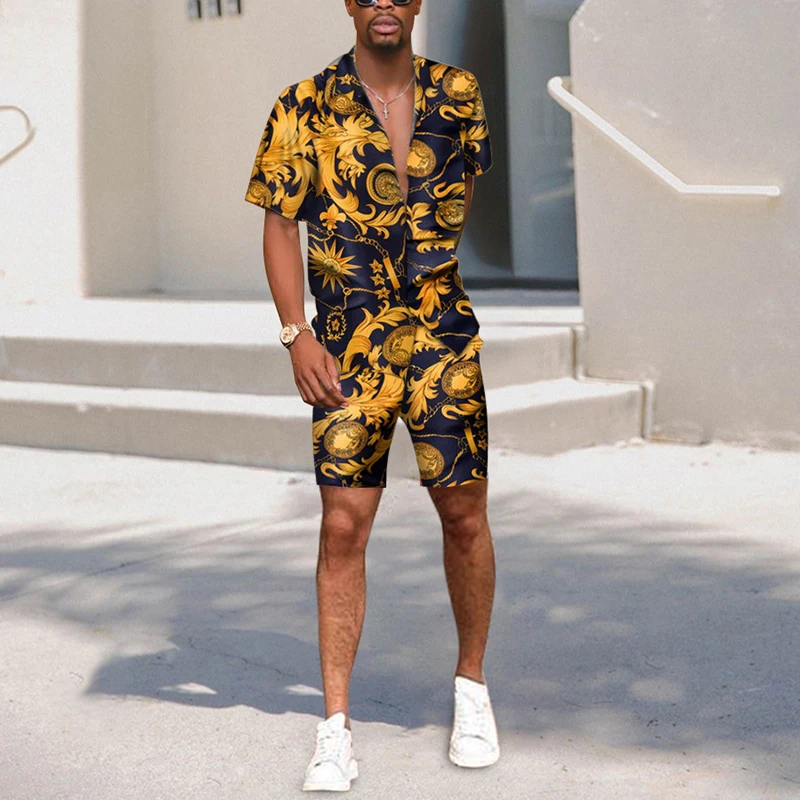 

Vintage Graphic Printed Summer Two Piece Sets Mens Outfits Casual Loose Short Sleeve Shirts And Shorts Suits Men Beach Clothing