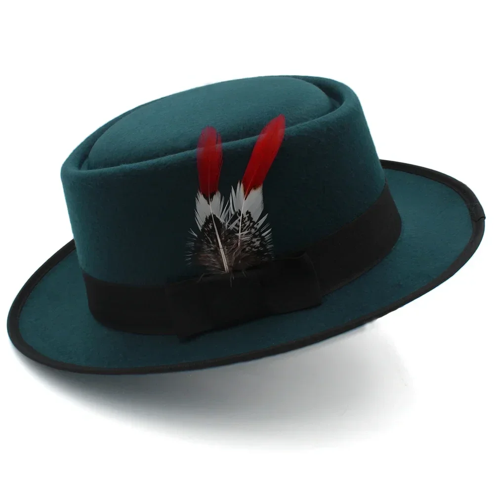 Männer Frauen Woolen Feather Band Pork Pie Hüte Retro Fedora Trilby Sonnenhut Street Style Caps Party Reisen Outdoor Größe US 7 1/4 UK L – Detail 17