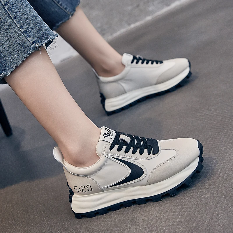 Genuine Leather Spring 2023 New Explosive Color-block Breathable Women's Shoes Platform Soft Sol Athleisure Dad Shoes