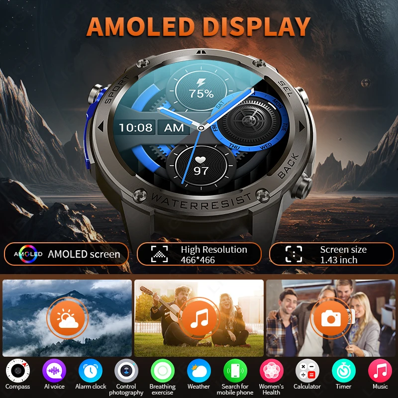 LIGE New Dual-Band Satellite GPS Sports Smart Watch Men 1.43'' HD Screen Heart Rate Compass 5ATM Waterproof Swimming Smartwatch