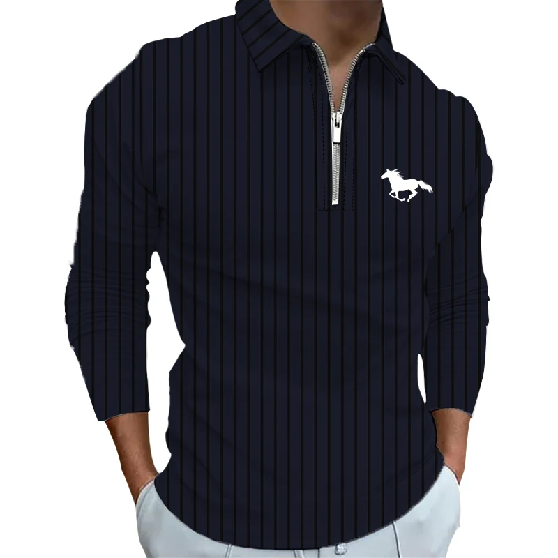 100% Polyester Fiber Zipper Striped Long Sleeved Polo Shirt Light Mature and Fashionable Men's Top Item