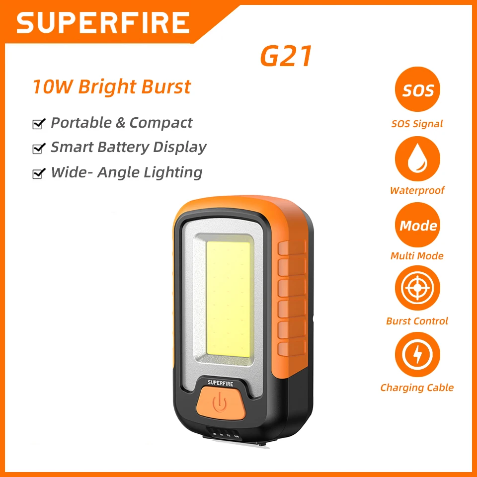 Camping Light Portable Flashlight Portable Lanterns Camping Lamp Camping Lantern SUPERFIRE G21 COB LED Flashlight Portable Work Light Rechargeable Floodlight