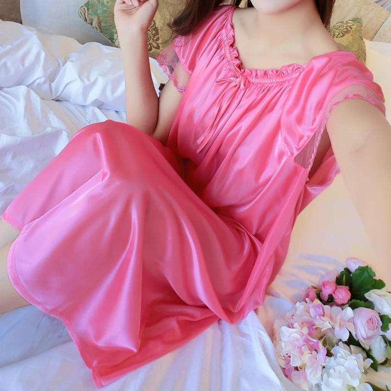 Women Night Gowns Sleepwear Lace Patchwork Nightwear Long Sleeping Dress Casual Ladies Home Dressing