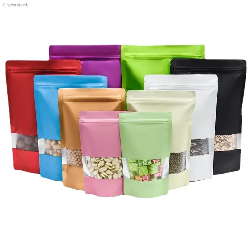 50pcs Food Grade Stand Up Plastic Mylar Zipper Bags with Window Doypack Pouch for Food Candy Chocolate Organizer Dry Fruit Bag