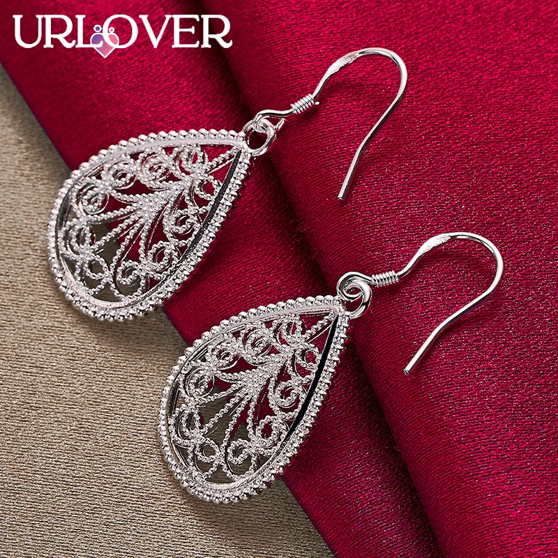 

URLOVER 925 Sterling Silver Earring For Woman Patterned Water Droplet Drop Earrings Lady Party Wedding Fashion Jewelry Gifts