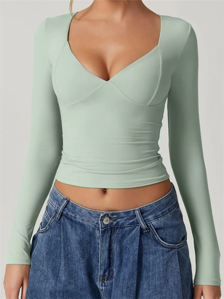 CHRONSTYLE Women V-neck Low Cut Solid Color T-Shirts Long Sleeve Slim Fit Round Neck Spring Fall Casual Tops Streetwear New