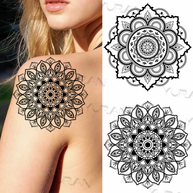 Venda Preto grande mandala flor tatuagens temporárias para as mulheres,  meninas coxa tatuagens realistas henna sol de penas de falso pingente  etiqueta da tatuagem > Beleza & Saúde 