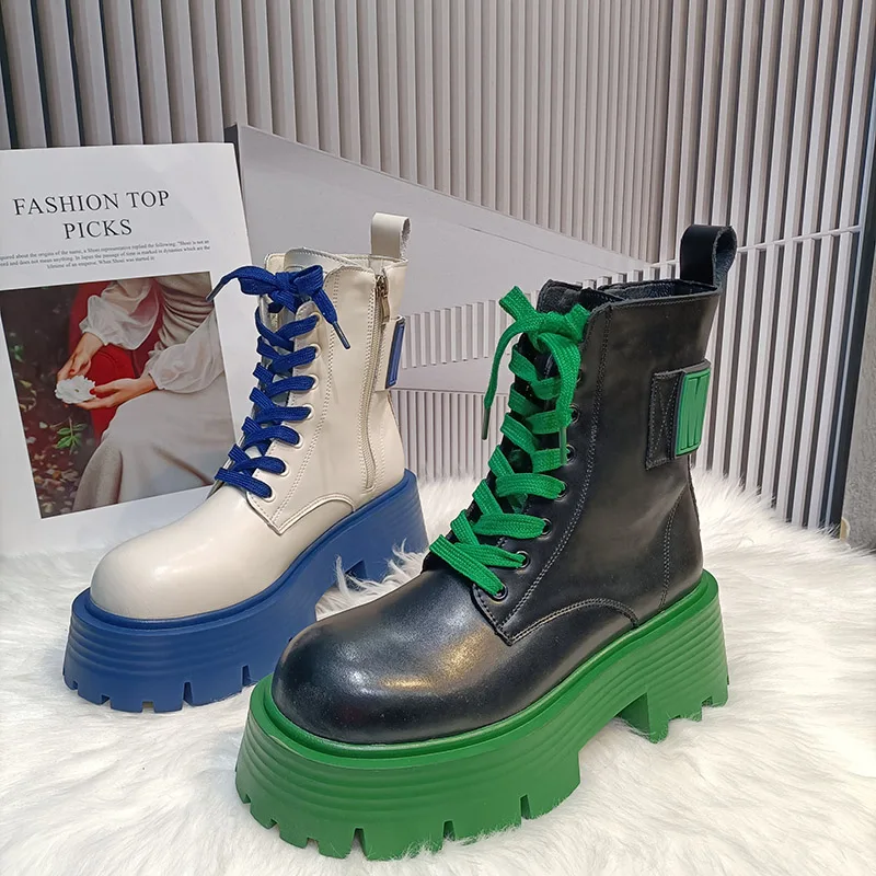 Spring Autumn Genuine Leather Short Boots Women's Lace-Up Round Toe Thick Soled Short Boots Ladies Fashion Pumps Casual Shoes