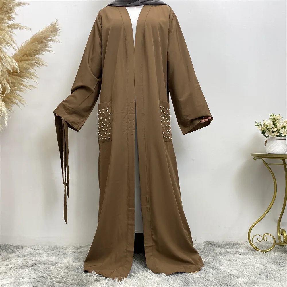 

Pocket Robe Women Dress Slim-fit Long Sleeves Abayas Fashion Saudi Arabia Dubai Abaya Elegante Pearl Muslim Dress Robe Vistidos