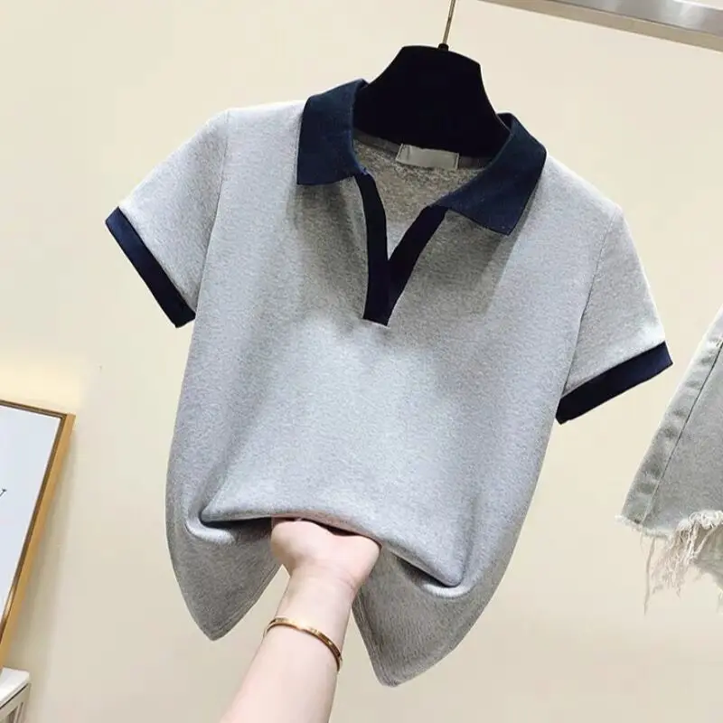 Summer New Pure Cotton Short Sleeved T-shirt for Women with Polo Collar Design Slim Fit and Versatile Short Top Clothes