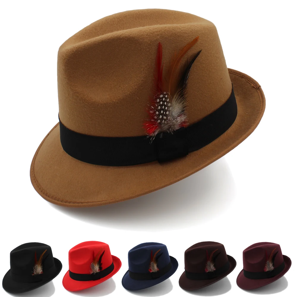 

Men Women Woolen Classical Feather Band Fedora Hats Trilby Jazz Sunhat Street Style Caps Party Travel Outdoor Size US 7 1/8 UK M
