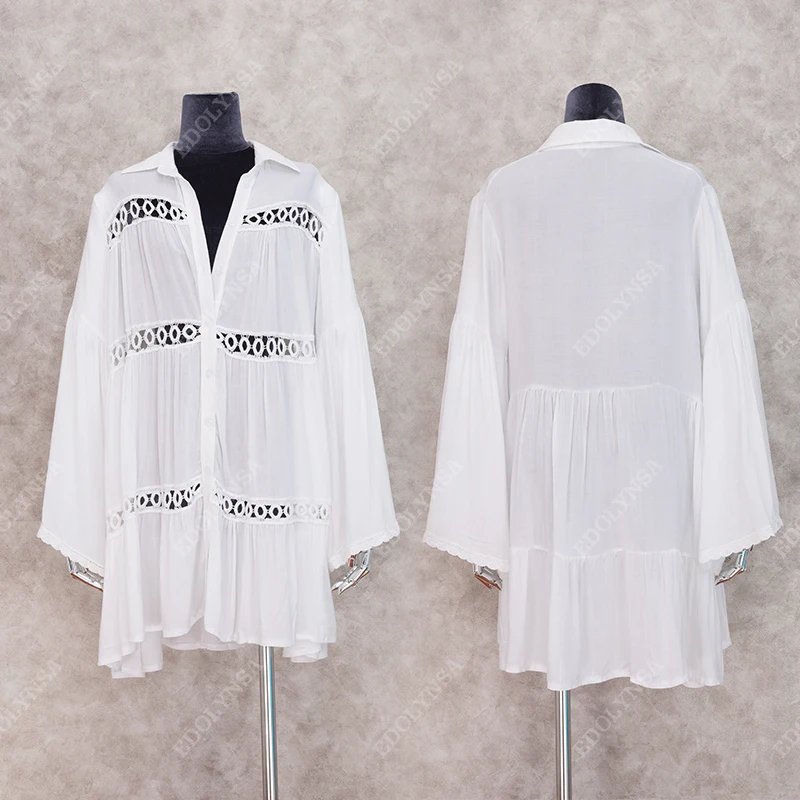 여성 수영복 커버 업 만다린 슬리브 카프 탄 비치 튜닉 드레스 Robe De Plage Solid White Pareo Beach