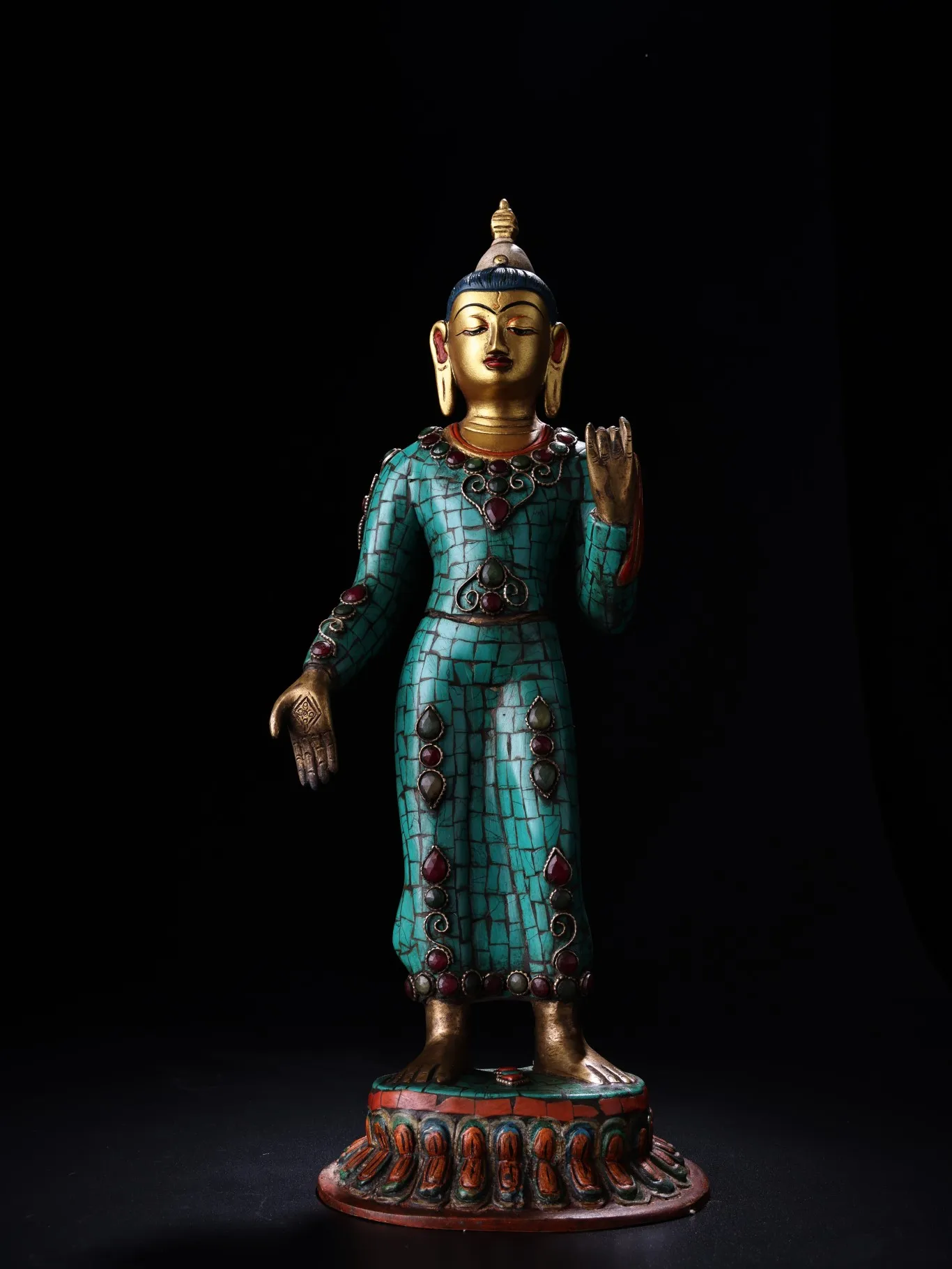 

15"Tibetan Temple Collection Old Bronze Outline in gold Mosaic Gem Turquoise Shakyamuni lotus platform Worship Hall Town house