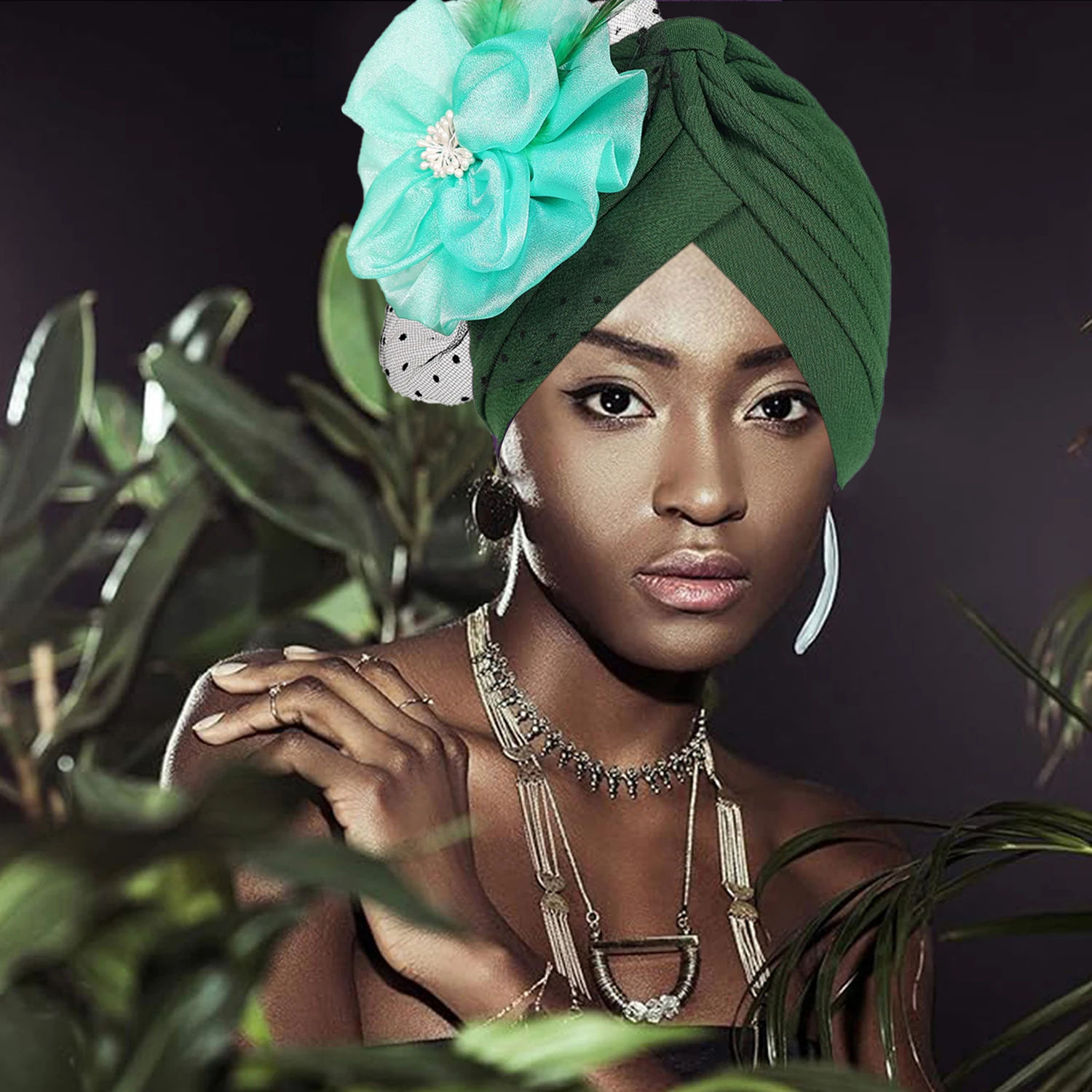 Ladies turbans pure color big flower mesh style accessible luxury wedding important occasions wear forehead cross fashion turban hatAfrican Zahra Cap 5