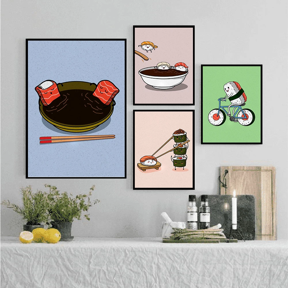 

Japan The Most Popular Ingredients Sushi Funny Style Restaurant kitchen Home Decor Painting HD living Posters Canvas Painting