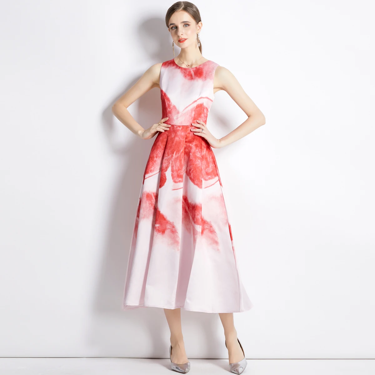 ElegantAutumnPinkHitColorLongDressesRunwayFashionWomenRound